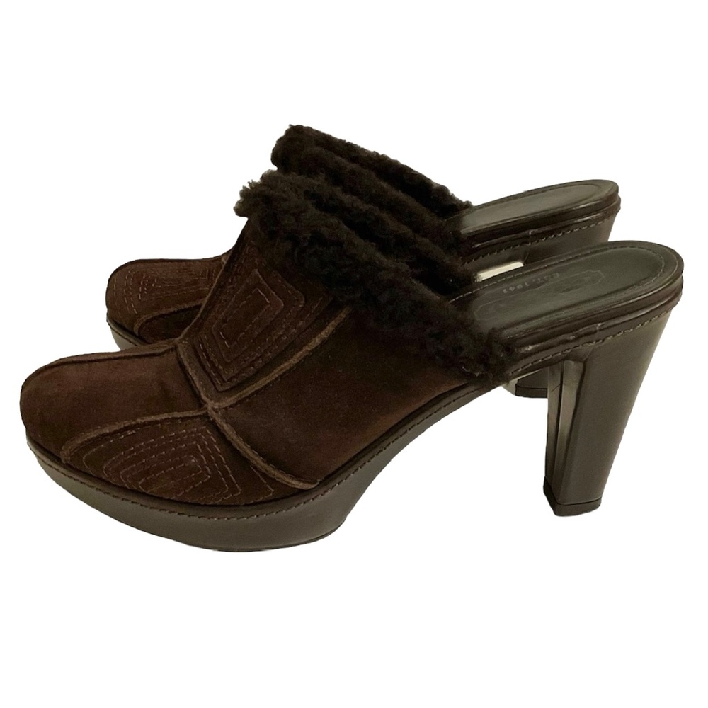 COACH ❤️ Brown Suede & Sherpa Patchwork Clogs Size 7.5 Platform High Heels Mules - Picture 2 of 5